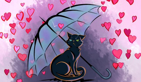 walentynki, czarny kot, parasol